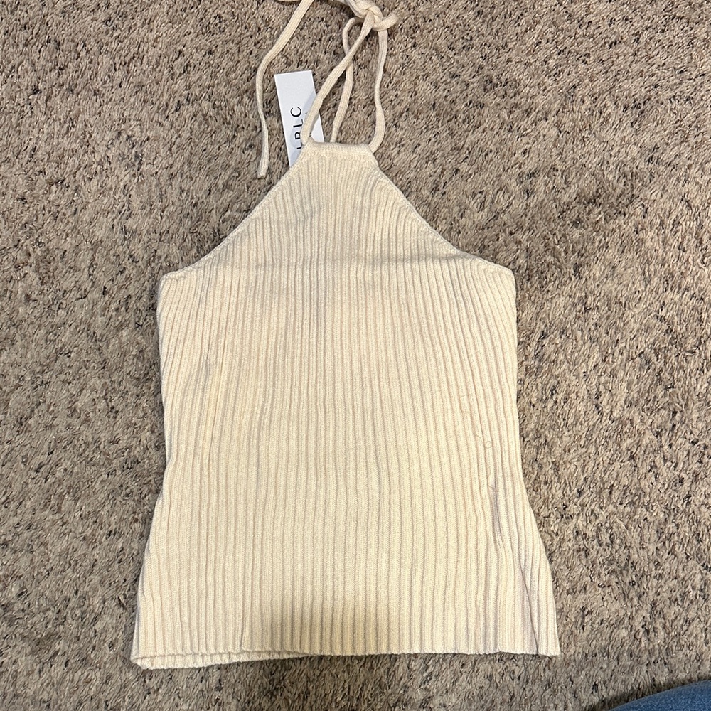 Chic Ivory Ribbed Halter Tank - Picture 2 of 6